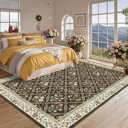 6x9 Machine Washable Area Rugs for Living Room Floral Stain Resistant Soft Carpet Vintage Low Pile Non Slip Non-Shedding Floor Carpet Rugs for Bedroom Nursery Brown
