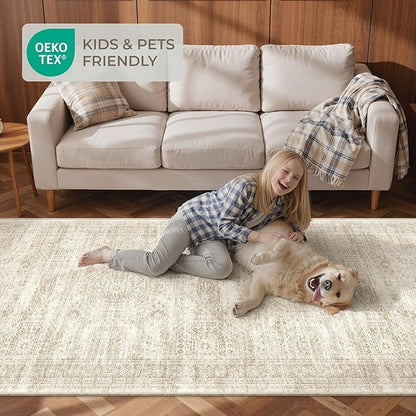2x5 Rug Runner Washable for Entryway, Soft Bathroom Rugs with Non-Slip Backing, Abstract Low Pile Hallway Runner, Vintage Small Kitchen Carpet for Stair, Laundry Room(2'x5', Beige/Ivory)