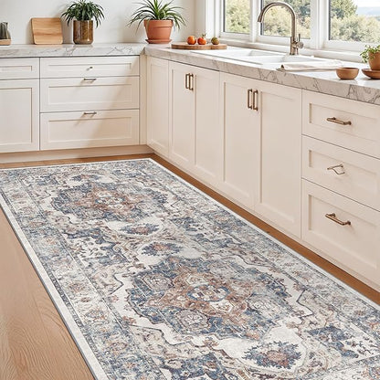 Washable 3x7 Hallway Runner Rug: Vintage 7ft Water-Resistant Soft Runner Rug for Entryway Kitchen Non-Slip Low Pile Carpet for Living Room Bedroom Thin Floor Mat for Bathroom Dining Room(3x7,Brick)