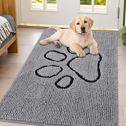 Smiry Dog Door Mat for Muddy Paws, Absorbent Dirt Trapper Non Slip Quick Dry Washable Chenille Mat for Mud Dogs, Entry Rug for Indoor and Outdoor (44x32 Inches, Grey and Black)
