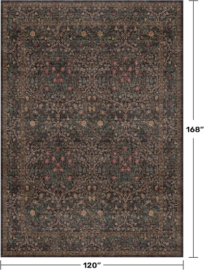 Hazo Haus Dark Brown 10x14 Area Rugs for Living Room - Extra Large Vintage Western Unique Neutral Floral, Washable Low Pile Non-Slip Soft Thin Area Rug for Dining Under Table, Bedroom Under Bed