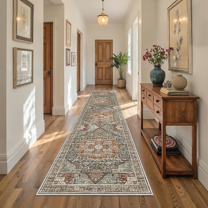 Runner Rug 2x10, Ultra-Thin Kitchen Rugs Non Slip Washable Rugs for Entryway Rug, Kitchen Runner Low Pile Vintage Soft Carpets for Living Room, Bathroom Bedroom (Grey/Brown/Tan,2'x10')
