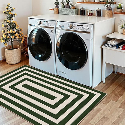 3x5 Modern Entry Rug - Small Washable Indoor Outdoor Mats for Front Door Non-Slip Porch Rug Green White Geometric Striped Throw Rugs for Living Room Bedroom Entryway Kitchen Office Porch Decor