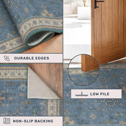 Hazo Haus Blue Big Rugs for Living Room - Dusty Blue 10x14 Area Rug for Large Bedroom, Dining Room, Washable Lightweight Low Pile Foldable Eclectic Modern Floral Home Décor