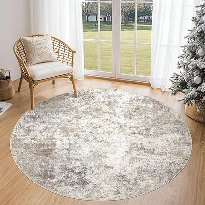 UERMEI 5ft Round Area Rug Living Room Rugs - 5x5 Washable Neutral Modern Abstract Soft Thin Rug Indoor Floor No Slip Rug Carpet for Bedroom Under Dining Table Home Office Decor - Brown Grey