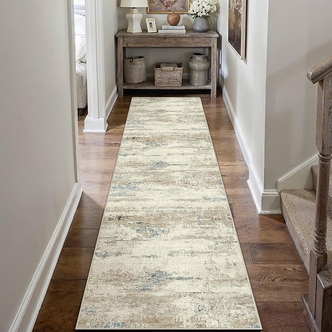 PureCozy 2x8 Runner Rug Washable Beige Brown Abstract Modern Neutral Hallway Carpet Non Slip Soft Low Pile Indoor Kitchen Carpet Contemporary Aesthetic Long Rug Bathroom Bedroom Laundry