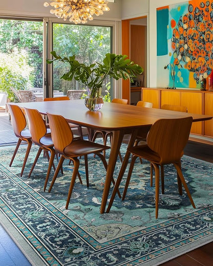 RELEANY Area Rugs 10'x12' Washable Non-Slip, Floral Vintage Distress Print Pattern Medallion Carpet for Living Room Bedroom Dining Room, Teal Green Lake Blue Turquoise