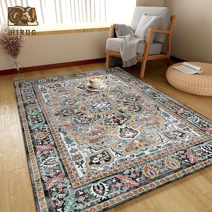 Washable Area Rug 8' x 10' Vintage Traditional Persian Mat - Foldable Distressed Non-Slip Machine Washable Carpet for Living Room Bedroom Kitchen Home Decor - Slate and Multicolor
