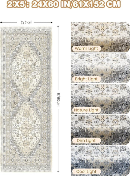 2x5 Rug Runner Washable for Entryway, Soft Bathroom Rugs with Non-Slip Backing,Vintage Low Pile Stair Runner, Small Kitchen Carpet for Hallways, Laundry Room(Beige,2'x5')