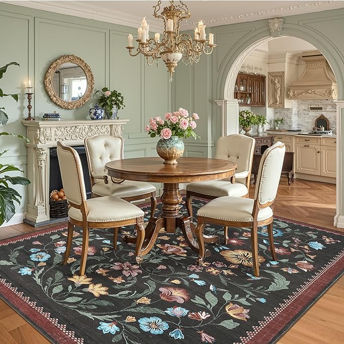 GarveeHome Washable Rug 8x10 Area Rugs for Living Room, Floral Rug for Bedroom, Soft Vintage Non Slip Throw Rugs with Rubber Back, Low Pile Stain Resistant Boho Floral Carpet for Dining Room, Red