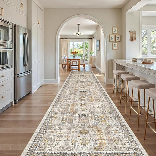 Madane Hallway Runner Rug 3x16 - Vintage Non Slip Washable 16ft Kitchen Runner for Entrance Soft Long Carpet Runners for Living Room Bathroom Low Pile Floor Mat for Bedroom Dining Room, Brown/Gold