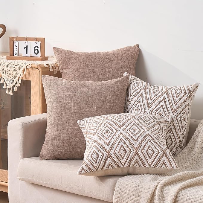 HPUK Decorative Throw Pillow Covers Set of 4 Geometric Design Linen Cushion Cover for Couch Sofa Living Room, 20"x20" inches, Light Brown