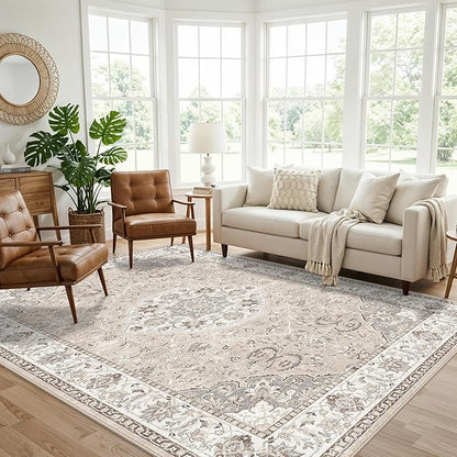 Living Room 6x9 Area Rugs: Farmhouse Washable Ultra Soft Carpet for Bedroom Nursery Indoor Vintage Stain Resistant Rug for Dining Room Non-Slip Durable Neutral Floor Mat for Pet Owners(6x9 Beige)