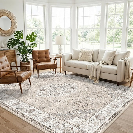 7x10 Area Rug for Living Room: Washable Neutral Vintage Large Rugs for Bedroom, Office, Dining Room, Kids Room, Farmhouse Durable Low Pile Non Slip Carpet for High Traffic Areas(7x10 Beige)