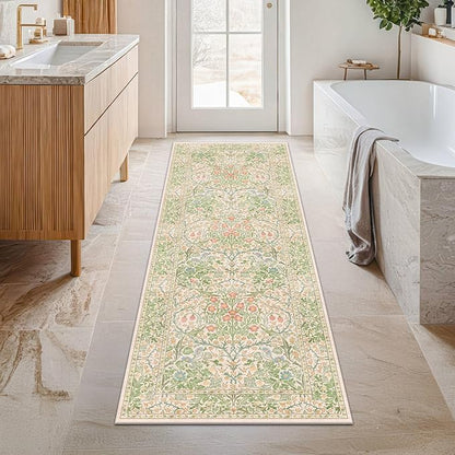 Hazo Haus Non Slip Beige Green Bathroom Runner Rug - Long Runner Rugs 24 x 72 Washable Kitchen Floor Mat, Laundry Room Rug, Hallway Runner - Vintage Floral Design Décor (2x6 Beige Green)