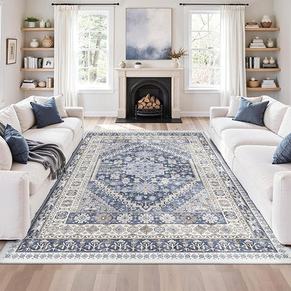 zesthome 5x8 Area Rugs - Ultra-Thin Washble Rug, Stain Resistant Anti Slip Backing Rugs for Living Room,Bedroom, Vintage Home Decor Area Rug (Blue/Beige,5'x8')