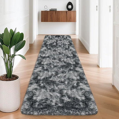 Tie-Dyed Dark Grey 2x8 Machine Washable Runner Rugs for Hallway Soft Fluffy Shaggy Bedside Rugs for Bedroom Living Room Indoor Floor Carpet for Kids Girls and Boys Nursery Rooms Home Decor Aesthetic