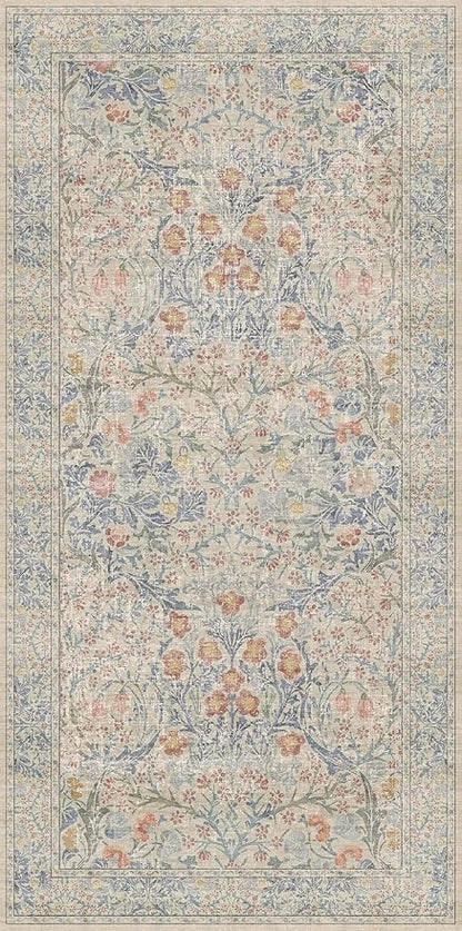 Large 3x6 Entryway Rug Indoor - Washable Non-Slip Low Pile Stain Resistance Ultra Soft Area Rug for Large Kitchen, Bedroom Beside Bed - Vintage Floral Beige Blue Home Decor