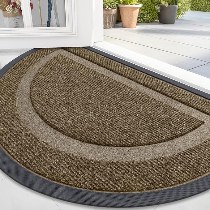 OLANLY Half Circle Door Mat Indoor Outdoor Entrance Welcome, Waterproof All-Season, All-Weather Doormat, Sturdy Natural Rubber, Low Profile, Easy Clean Patio Porch Entryway Mat, 71x47, Brown