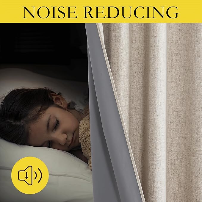 NICETOWN Oatmeal Linen Complete Blackout Curtains 48 inches for Kids Room, 2 Panels, Thermal Insulated & Noise Reducing Window Draperies with Grey Liner, Noise Reducing Short Drapes
