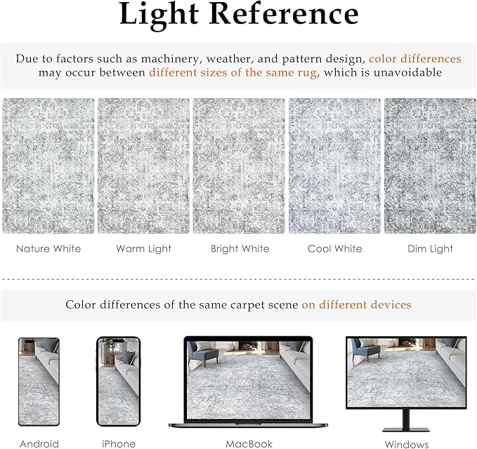 8x10 Area Rug Washable Vintage Living Room Carpet Large Indoor Non Slip Grey Bedroom Distressed Low Pile Retro Accent Throw Rug for Dining Room