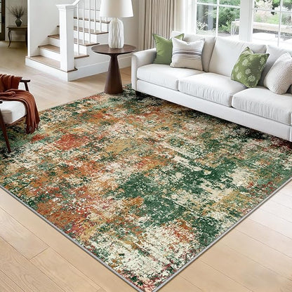 Washable Area Rugs Square 8ft Non-Slip Modern Abstract Soft for Living Room Entryway Bedroom Nursery, Print Pattern, Green Orange Rust Red Cream Colorful