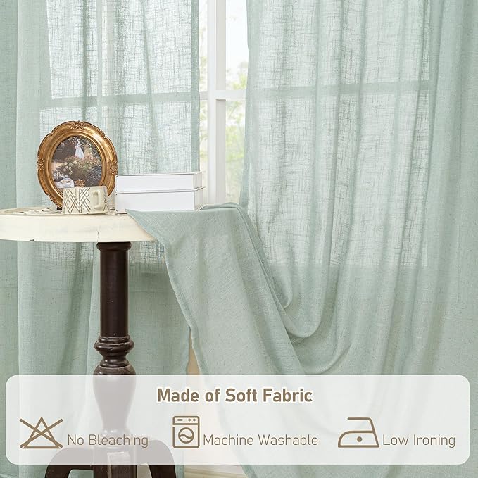 LAMIT Light Sage Linen Curtains 84 inch Length 2 Panels, Light Filtering Semi Sheer Panels Back Tab and Rod Pocket Neutral Drapes for Bedroom/Living Room, 34 x 84 Inch
