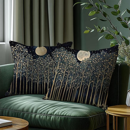 Rustic William Morris Night Moon Forest Green Decor Pillow Covers 18x18 Set of 2,Vintage Botanical Nature Landscape Decorative Throw Pillow Covers for Home Bedroom Living Room