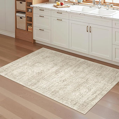 3x4 Rug, Small Area Rug for Kitchen, Entryway, Machine Washable Non-Slip Throw Rug, Vintage Carpet for Nursery Coffee Table Beige