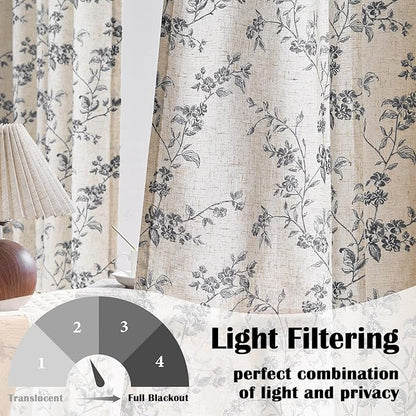 Lazzzy Black Floral Linen Curtains 63 Inch Farmhouse Back Tab Drapes for Living Room Bedroom Light Filtering Vintage Grandmillennial Rod Pocket Curtains, 2 Panels, W38 x L63, Black on Beige