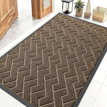 OLANLY Front Door Mat Indoor Outdoor Entrance, Waterproof All-Season, All-Weather Doormat, Sturdy Natural Rubber, Low Profile, Easy Clean Patio Porch Entryway Mat, Herringbone Brick (Brown, 47x32)