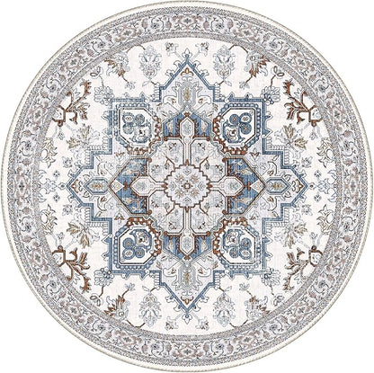 OPPODREAM Soft Round Rug 6ft, Neutral Washable Circle Rug 6ft with Non Slip Backing Play Room, Low-Pile Carpet 6 ft, Faux Cashmere Throw Carpet, Cream White & Blue & Light Brown