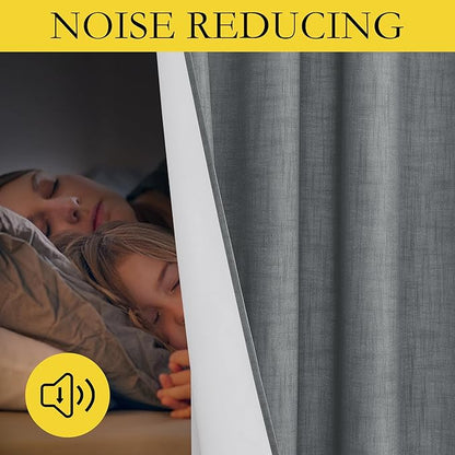 NICETOWN 100% Absolutely Blackout Linen Curtains with Thermal Insulated White Liner, Dove Grey, W52, 2 Pieces, Noise Reducing Textured Linen Look Curtains for Windows 108 inch Length for Classroom