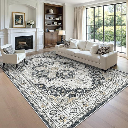 zesthome Area Rug 8x10,Ultra-Thin Washable Rugs for Living Room, Non-Slip Backing Area Rugs,Small Entryway Rug,Vintage Medallion Pattern Rugs (Black,8'x10')
