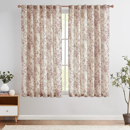 jinchan Linen Blend Curtain Floral Curtains for Living Room 45 Inch Length Farmhouse Brick Red Printed Curtain Rod Pocket Back Tab Peony Flower Patterned Drapes Curtains Set 2 Panels