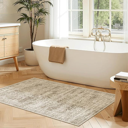 2x3 Washable Rugs for Kitchen, Floor, Entryway, Powder Room Small Area Rug Non-Slip Vintage Low Pile Throw Door Mat Brown