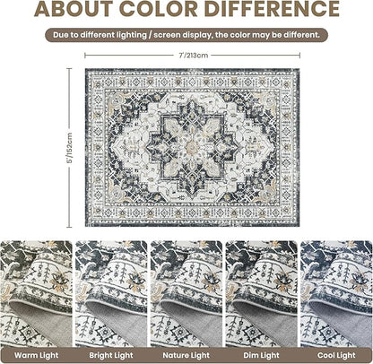 zesthome 5x7 Area Rugs, Machine Washable Rugs for Living Room, Bedroom,Stain Resistant Vintage Large Area Rug,Non-Slip Medallion Pattern Home Decor Rugs (Black,5'x7')