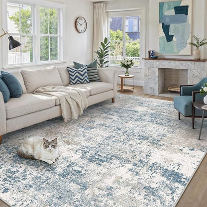 PureCozy Blue 8x10 Area Rug Washable Modern Abstract Living Room Carpet Non Slip Neutral Low Pile Soft Contemporary Aesthetic Bedroom Large Rug Indoor Office Dining Room Playroom