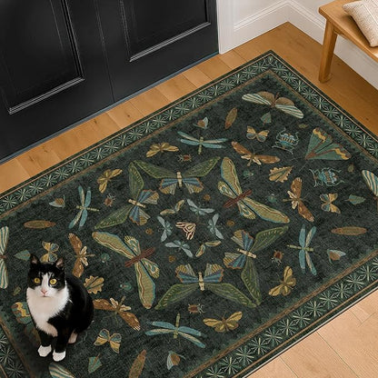 Green and Black Entryway Rug - 3x5 Throw Rug for Large Kitchen, Entry Way, Mudroom, Dark Unique Insect Print, Washable Low Pile Floor Carpet