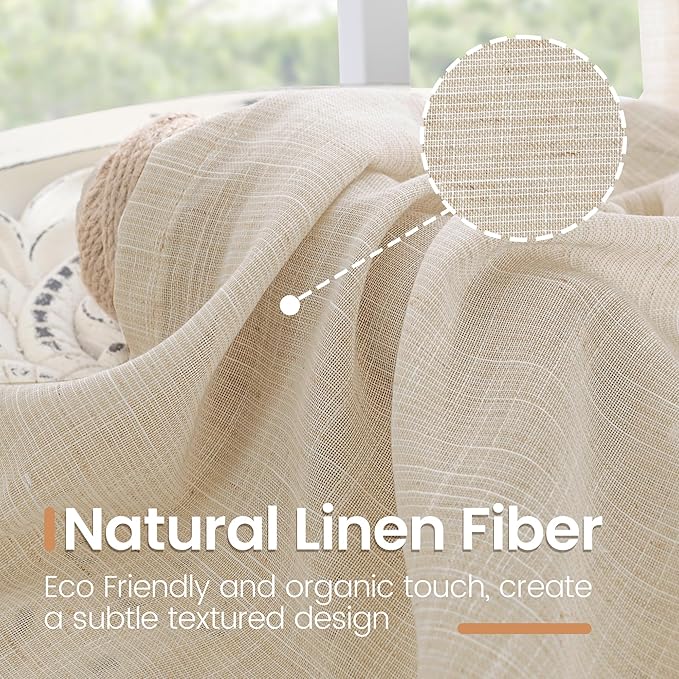 BGment Natural Linen Curtains 48 Inch Length for Windows, Short Semi Sheer Drapes Light Filtering for Cafe Bathroom Decor Rustic Lightweight Rod Pocket, 2 Panels Set, 42 Inch Wide Each Panel