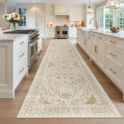 Madane Hallway Runner 3x14 - Runner Rugs 14ft Washable Entryway Rug Vintage Kitchen Runners Non Slip Indoor Area Rug Farmhouse Carpet Runner for Bathroom Living Room Bedroom, Beige/Blue