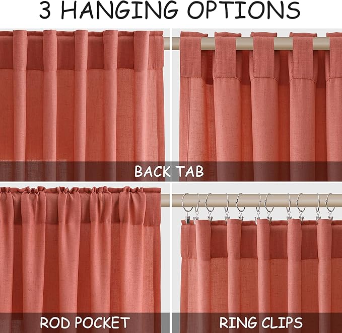 Coral Linen Curtains 102 Inches Long 2 Panel Set Back Tab Rod Pocket Semi Sheer Light Filtering Burlap Extra Long Drapes Neutral Farmhouse Decor for High Window Living Room 52x102