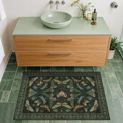 Hazo Haus 2x3 Entry Way Rugs Indoor - Dark Green Small Throw Rug for Kitchen, Bathroom, Insect Boho Design, Washable Non Slip Stain Resistant