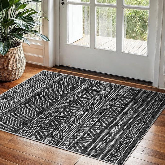 2x3 Washable Entryway Area Rug: Moroccan Small Runner Rug for Hallway Soft Modern Non Slip Door Mat with Rubber Backing Low Pile Thin Floor Carpet for Kitchen Bathroom Bedroom Indoor(Black,2x3)