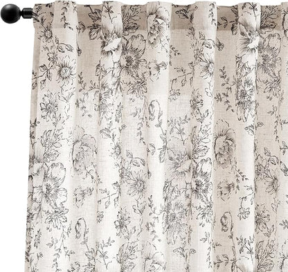 jinchan Floral Curtains for Living Room 84 Inch Length Farmhouse Printed Curtain Rod Pocket Back Tab Black Peony Flower Patterned Drapes Bedroom Window Curtains Set 2 Panels 25% Linen 75% Polyester