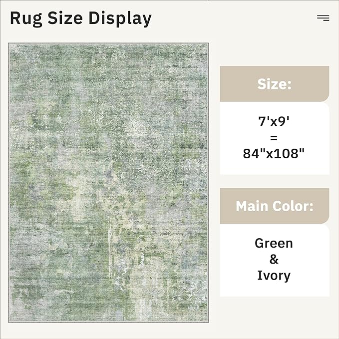 7x9 Area Rug for Living Room Washable Abstract Vintage Soft Thin Indoor Floor Non-Slip Carpet for Bedroom Dining Room Green/Ivory