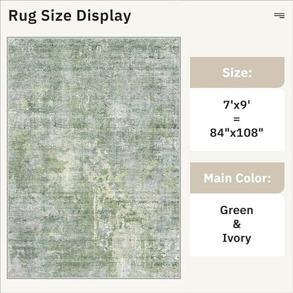 7x9 Area Rug for Living Room Washable Abstract Vintage Soft Thin Indoor Floor Non-Slip Carpet for Bedroom Dining Room Green/Ivory