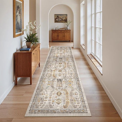 Madane Kitchen Runner Rug - 2x7 Runner Rugs with Rubber Backing Non Slip Vintage Washable Rug Runner Ultra-Thin Throw Carpet Runners for Hallways Bedroom Laundry Room(2'x7', Brown/Gold)
