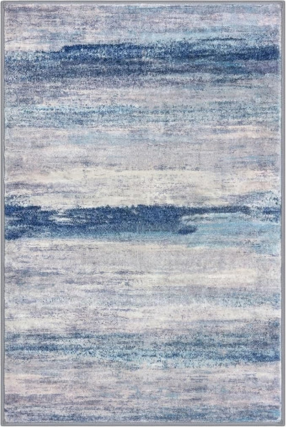 KOZYFLY Modern Abstract Small Area Rugs, 2x3 Washable Kitchen Rug Non-Slip Soft Small Bathroom Rug, Blue/Grey/Beige Striped Entryway Rugs Abstract Print Faux Wool Doormat for Bedside Entrance Bedroom