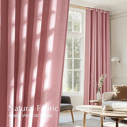 NICETOWN Linen Pink Curtains for Girls Room, Grommet Thick Flax Semi Sheer Window Treatments Privacy Assured with Light Filtering for Bedroom/Kids Room, 2 Panels, W55 x L84